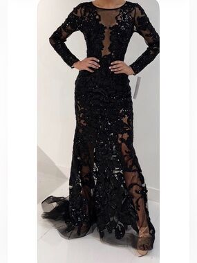 Jovani Long BLACK Sleeve Floral Appliqué Gown